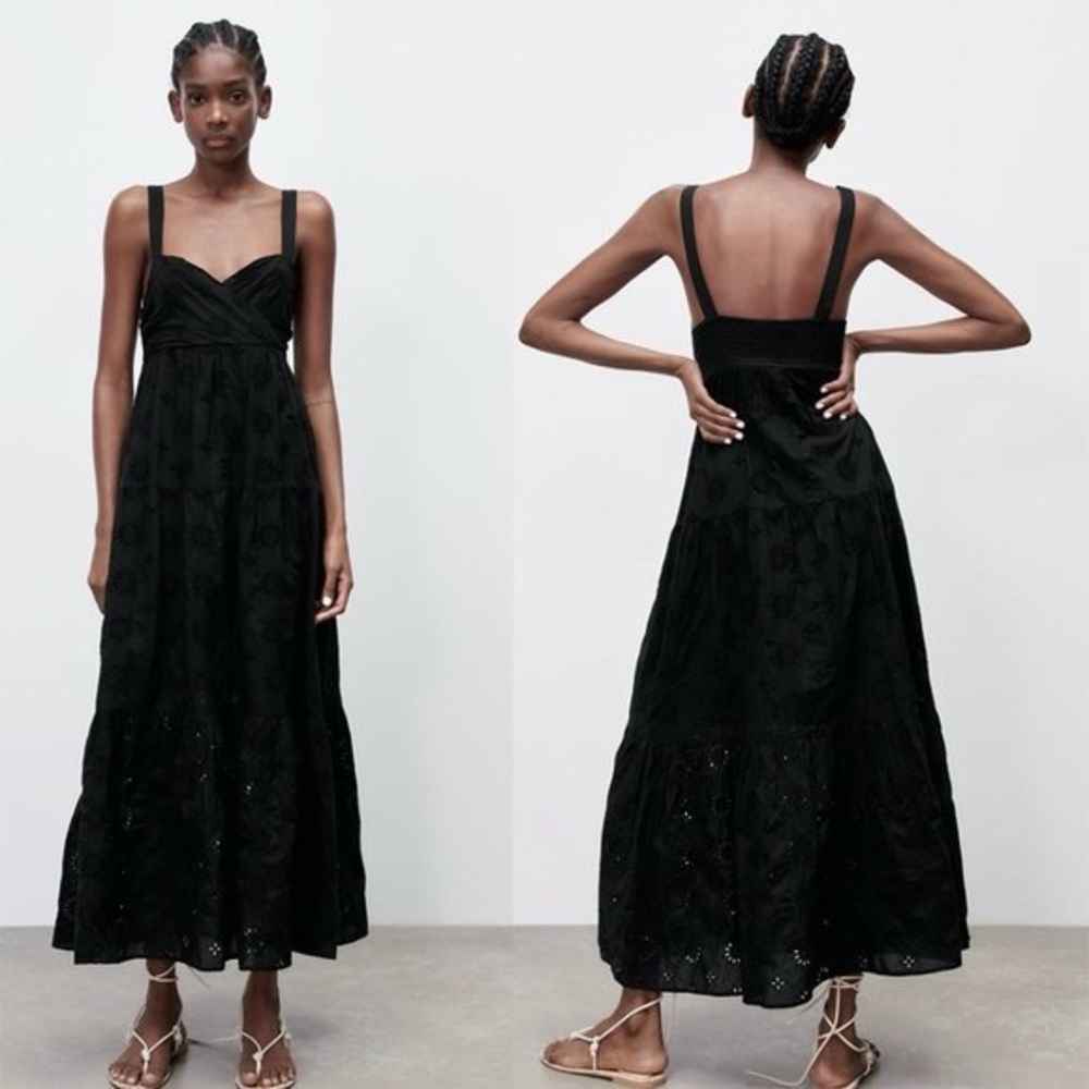 Zara Black Openwork Eyelet Embroidery Dress Size Medium - Picture 4 of 15